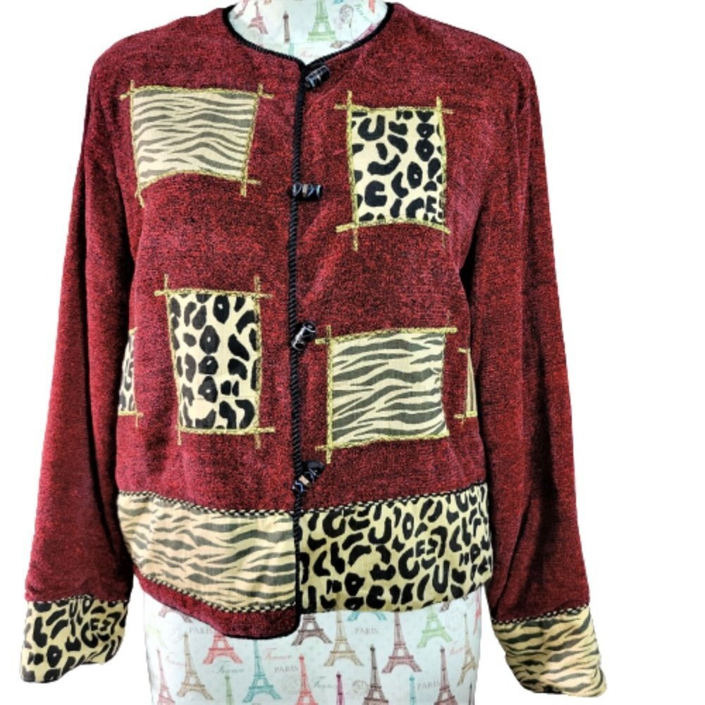 Vintage Alex Kim M Red Knit Animal Print LS Pockets Lined Shacket Sweater Jacket